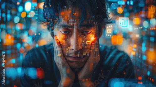 portrait of a young man with symbols of social networks on his face and hands