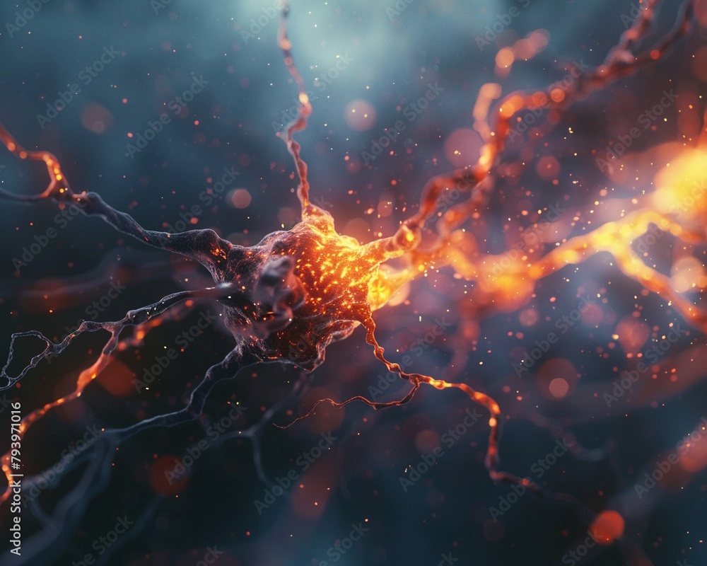 Brainstorming neuron, 3D ultra close-up, synapse firing, dynamic light, microscopic detail