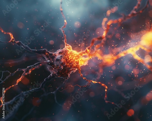 Brainstorming neuron, 3D ultra close-up, synapse firing, dynamic light, microscopic detail