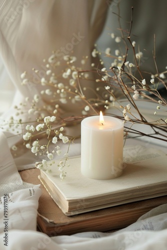 Candle atop  flanked by books  petite flowers  soft glow  neutral palette  3D  gentle light
