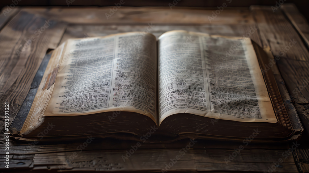 Fototapeta premium Close-up of an open Bible on an antique wooden desk, with soft morning light highlighting the textured pages and elegant script, creating a peaceful reading environment.