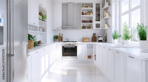 Bright and spacious kitchen with open cabinets, revealing a neatly arranged pantry