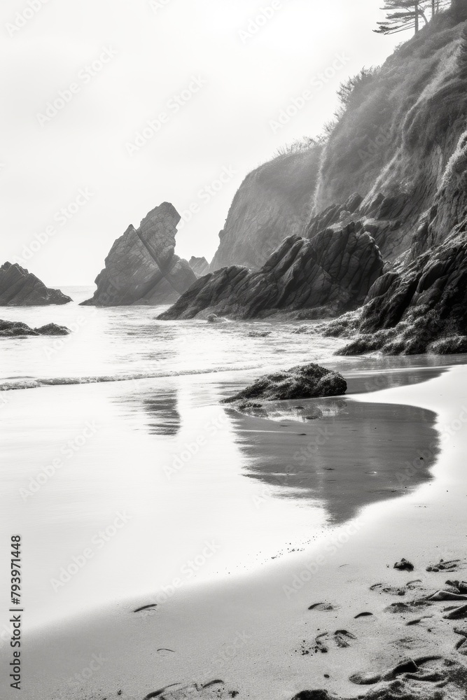 Monochrome seascape with misty cliffs and calm beach, vertical format, serene nature concept, copy space Concept: seascape, tranquility, nature, monochrome photography, coastal serenity
