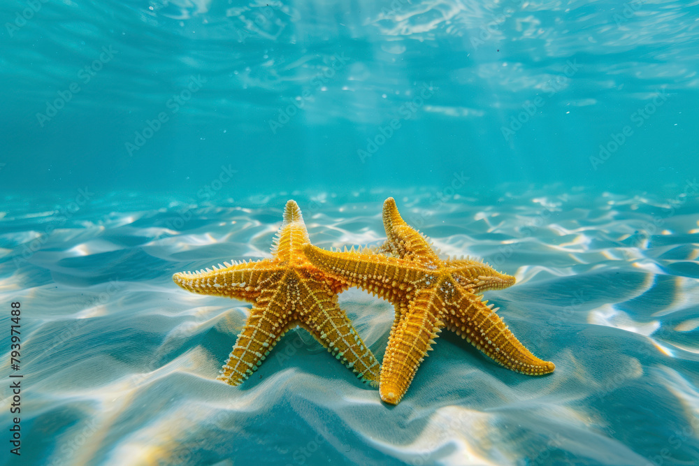 Two starfish engage in a gentle embrace as they intertwine their arms Two starfish engage in a gentle embrace as they intertwine their arms