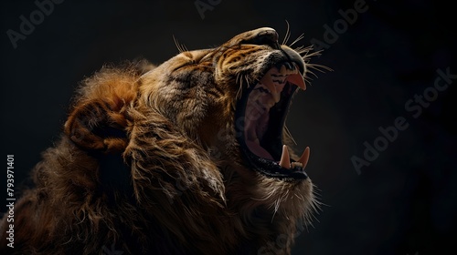 Majestic Lion Roaring Powerfully in Darkness, Captured in High Definition. Fierce Animal Portrait with Dramatic Lighting. Wildlife Photography in Action. Ideal for Editorial Use. AI