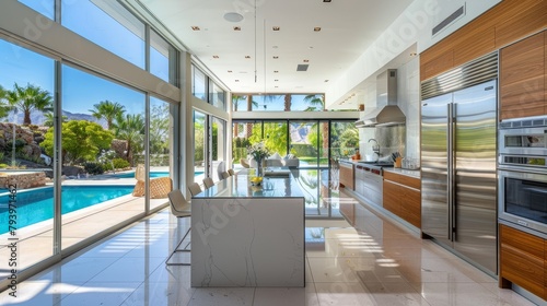Bright, spacious kitchen with floor-to-ceiling windows opening to a terrace and reflective pool