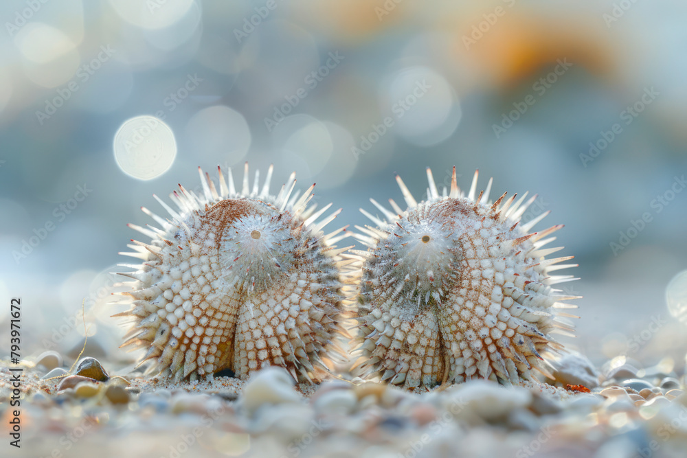 Two sea urchins engage in a delicate dance as they move in slow circles around each other. Two sea urchins engage in a delicate dance as they move in slow circles around each other.