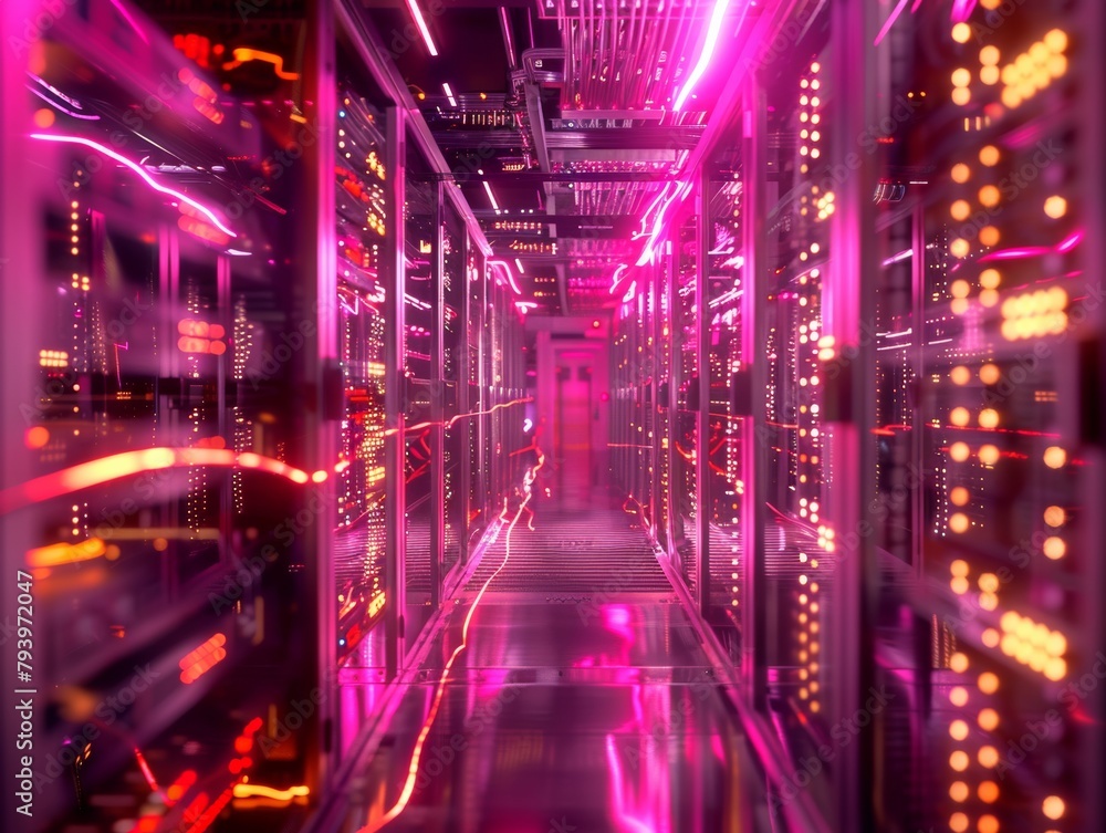 Inside State-of-the-Art Data CenterRows of High-Tech Servers and Visions of Technology.
