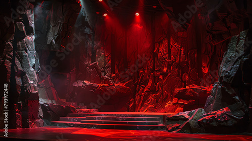 Dramatic theatrical stage set depicting the Devil's lair, complete with fiery red lighting and jagged rock formations, creating a sinister ambiance.