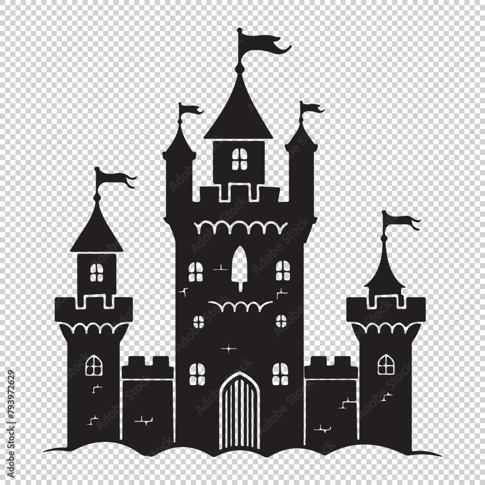 Cartoon fantasy medieval castle icon logo, vector illustration on transparent background