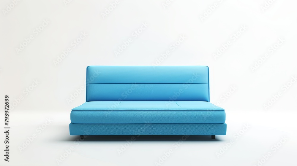 Minimalist design of a multifunctional blue couch, seamlessly transforms into a sleeper, isolated on a white background Minimalist design of a multifunctional blue couch, seamlessly transforms into a sleeper, isolated on a white background