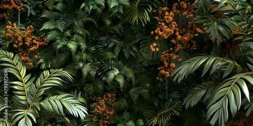 Lush Jungle with Ferns and Golden Flowers Background  Dense Jungle Foliage with Golden Blooms Background - Ai Generated