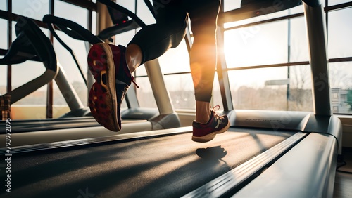 individual running on a treadmill indoors. The close-up perspective emphasizes the individual's sporty shoes, while the sunlit window in the background creates a serene and uplifting atmosphere photo