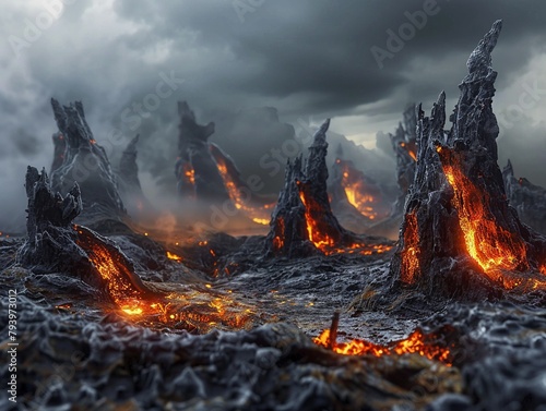 Inferno shaped like mythical beasts rising from cracks, 3D render, front view, eerie lighting photo