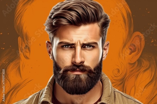 Stylish European male model with a beard posing, orange monochrome background, fashion and grooming concept Concept: male beauty, fashion model, grooming, European style, orange tone