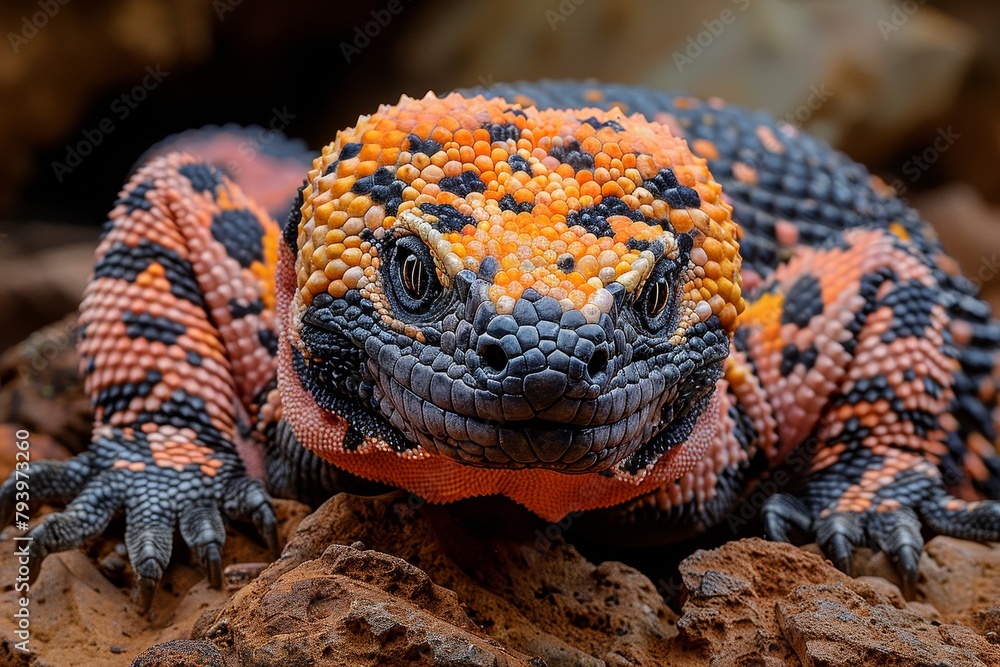 Gila Monster: Emerging from a rocky crevice with its characteristic bead-like skin pattern. Gila Monster: Emerging from a rocky crevice with its characteristic bead-like skin pattern.