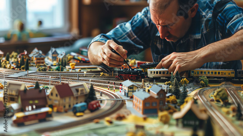 Enthusiast setting up a model train on a large geographical map, highlighting the integration of train routes with real-world locations.