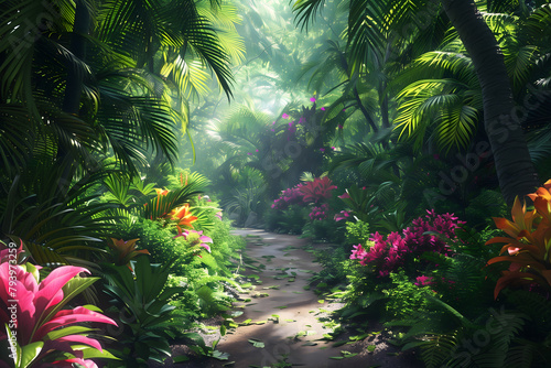 An illustration of a dense and lush jungle. The jungle surrounds the viewer with towering trees and colorful flowers
