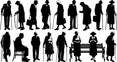 Set de silhouettes personnes âgées. Vecteur noir fond transparent  photo
