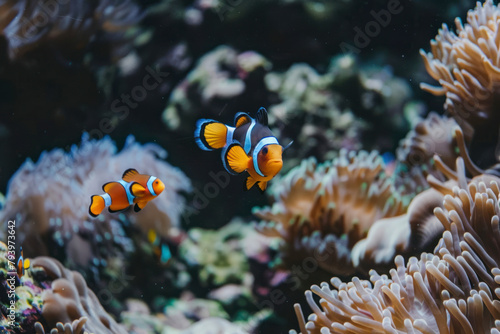 Two clownfish dart playfully among the coral reefs.