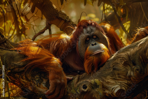 An orangutan lounges in the treetops. photo