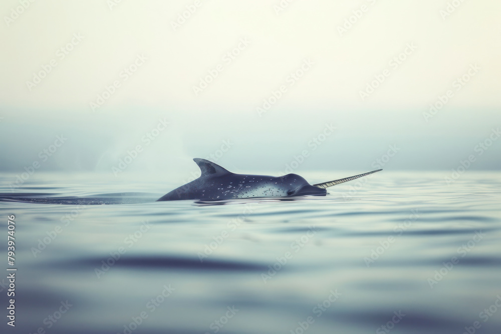Fototapeta premium A solitary narwhal breaches the surface of the Arctic waters.