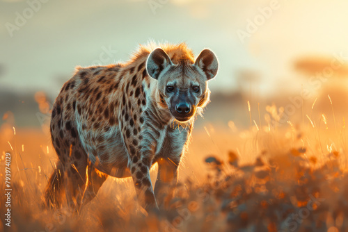 A spotted hyena patrols its territory on the African savannah.