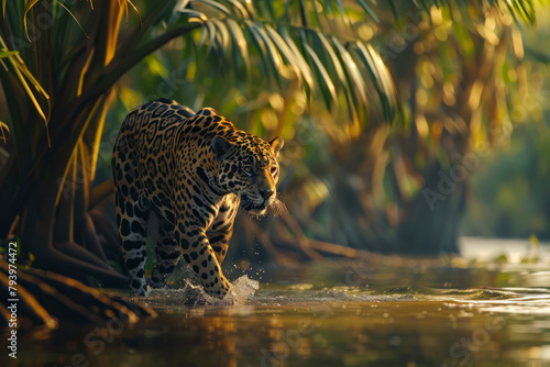 A jaguar prowls along the banks of a jungle river.