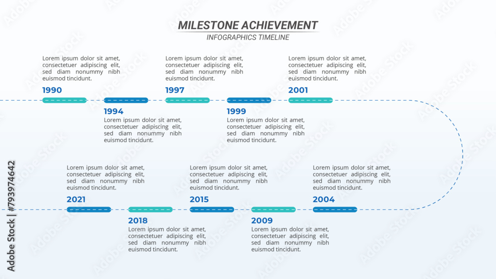 Milestone Achievement Infographic Timeline with 10 Steps and Editable Text on a 16:9 Layout for Business Presentations, Management, and Evaluation.
