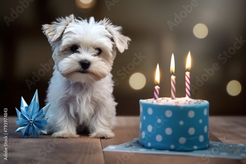 cute little dog, puppy with birthday cake 