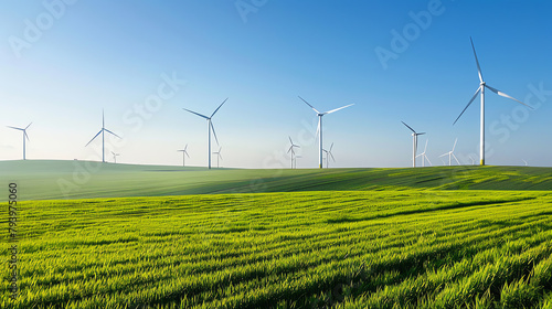 Innovative farm landscape with a series of large wind turbines standing tall among green fields under a clear blue sky  symbolizing sustainable agriculture.