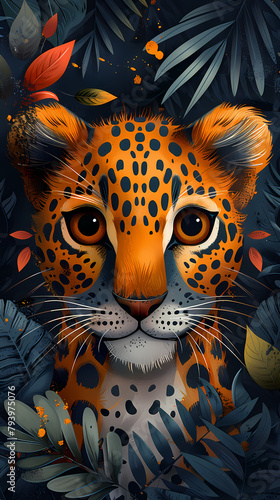 Ilustración de leopardo con plumas decorativas en el cabello, colores selváticos photo
