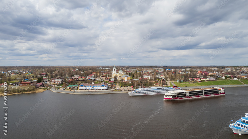 Aerial view of the city of Myshkin and the Volga river. Russia. High quality photo