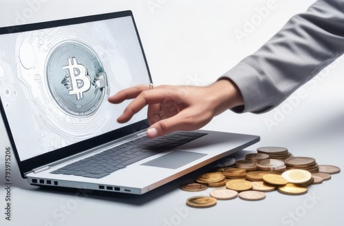 A person typing on a laptop with a Bitcoin coin on the keyboard. A laptop with a BTC coin on the screen and a hand on the keyboard. Blockchain technology, bitcoin mining concept photo