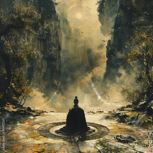 A Chinese Taoist priest performing a ritual with a Bagua mirror, reflecting and manipulating the flow of Qi energy in a mystical landscape photo