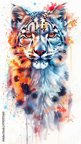Watercolor illustration design of snow leopard face in multicolor painting style