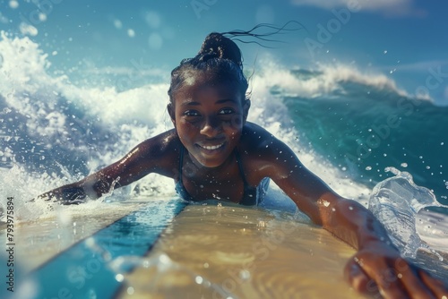 As the sun dipped below the horizon, the black woman continued to enjoy every moment spent floating on her surfboard, a testament to her unwavering dedication to her chosen lifestyle 