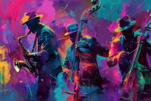 abstract jazz musicians playing solo instruments colorful artistic illustration digital painting background photo