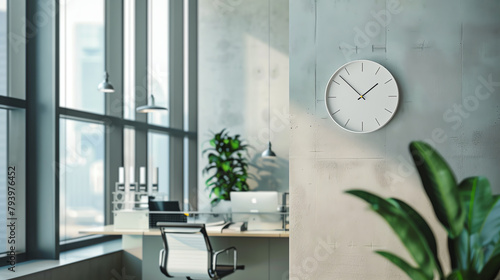 Modern minimalist wall clock with a sleek, simple design, hanging in a contemporary office space, emphasizing functionality and style. photo