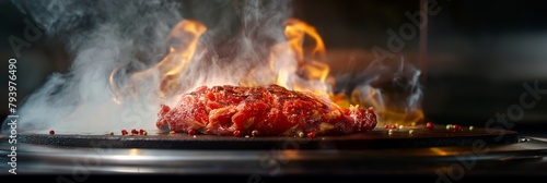 A perfectly seasoned steak is cooking amidst flames, highlighting the intense textures and vibrant energy of the cooking process