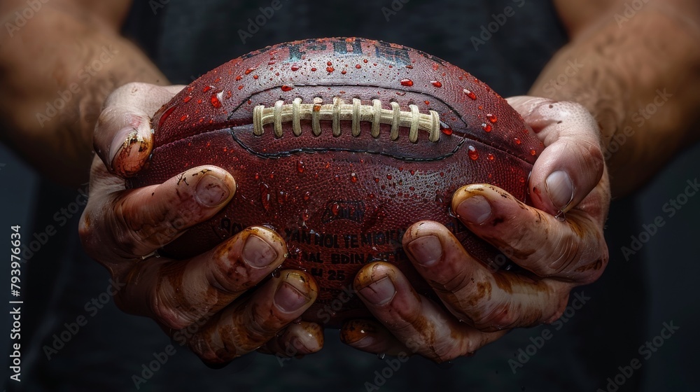 Obraz premium A close-up photo of dirty male hands holding a rugby ball.