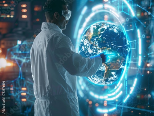 Scientist Analyzing Earth Hologram in Futuristic Setting Environment photo