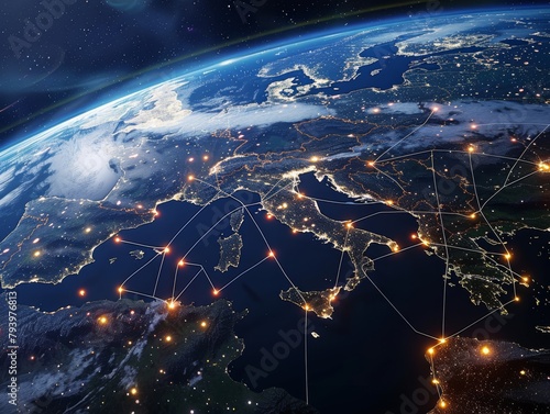 Satellite View of EarthData Streams and Global Communication Network.