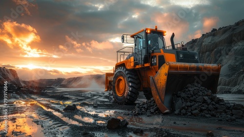 Heavy Machinery at Work in a Quarry at Sunset. Generative ai