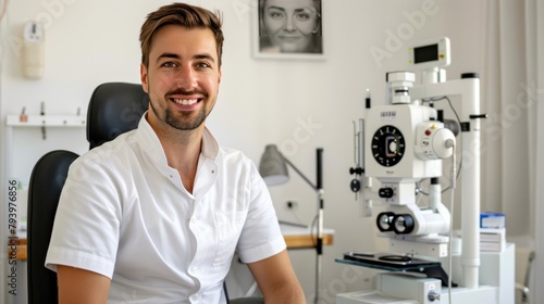 A young optician sits in a chair and smiles. photo