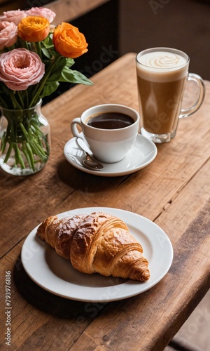 Yummy Croissant Arranged on a Plate  Resting on a Wooden Table  Enhanced by a Bouquet  Accompanied by Coffee with Milk and Chocolate