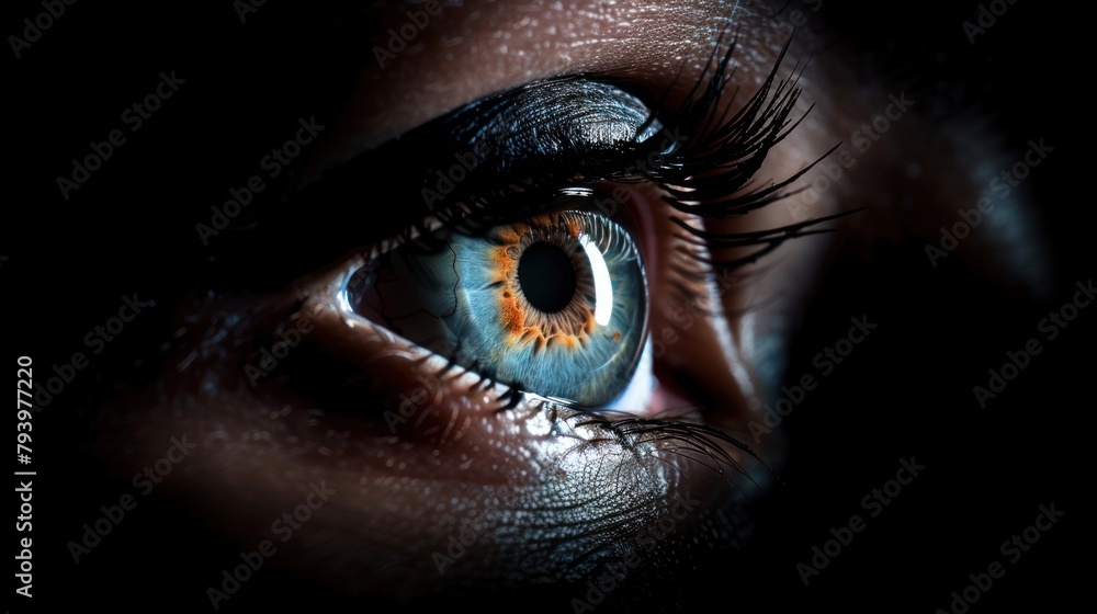 Close-up of human eye, black background