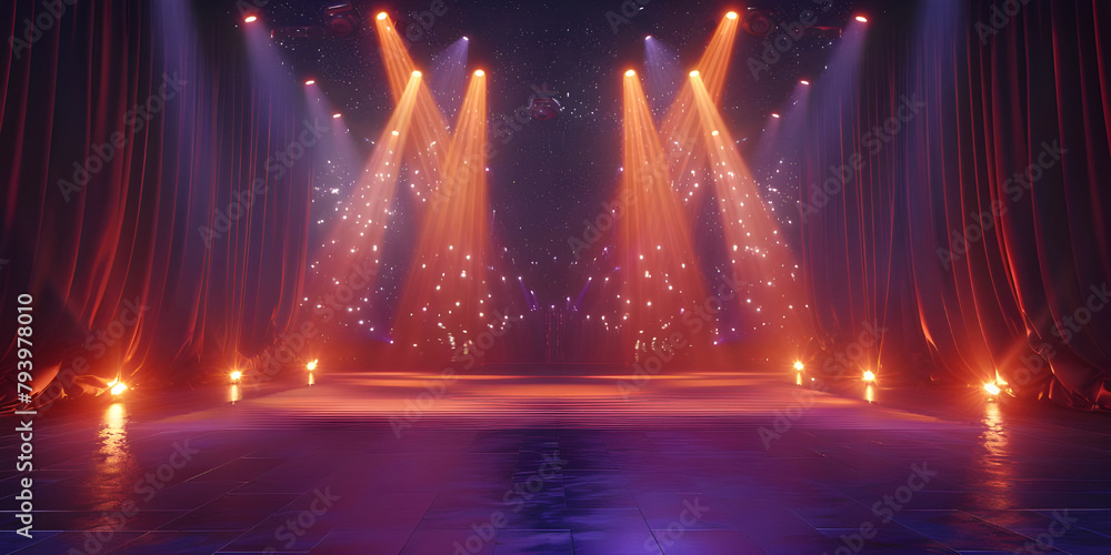 Starlit Stage: Spotlight Illumination Background, Stage Lights and Stars: Illuminated Performance Background - Ai Generated