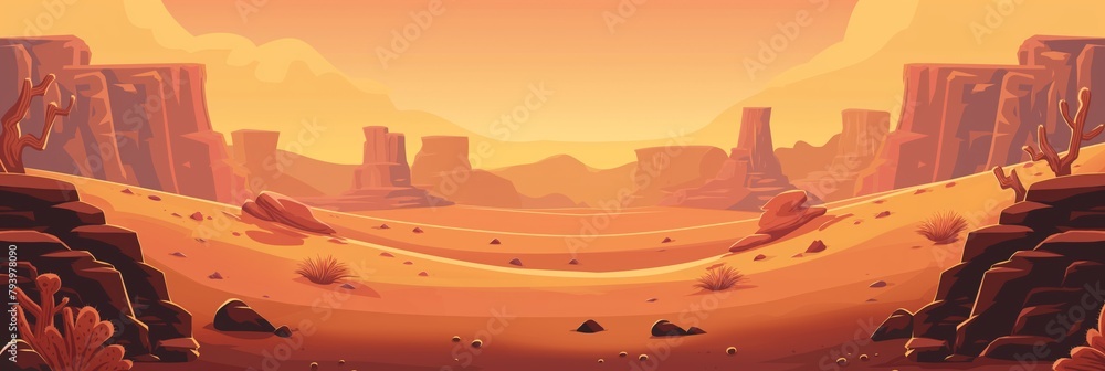 Stylized cartoon depiction of a vast desert landscape under a dusky orange sky