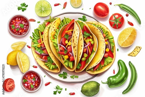 A vibrant plate of colorful tacos surrounded by fresh ingredients, perfect for a festive meal.
